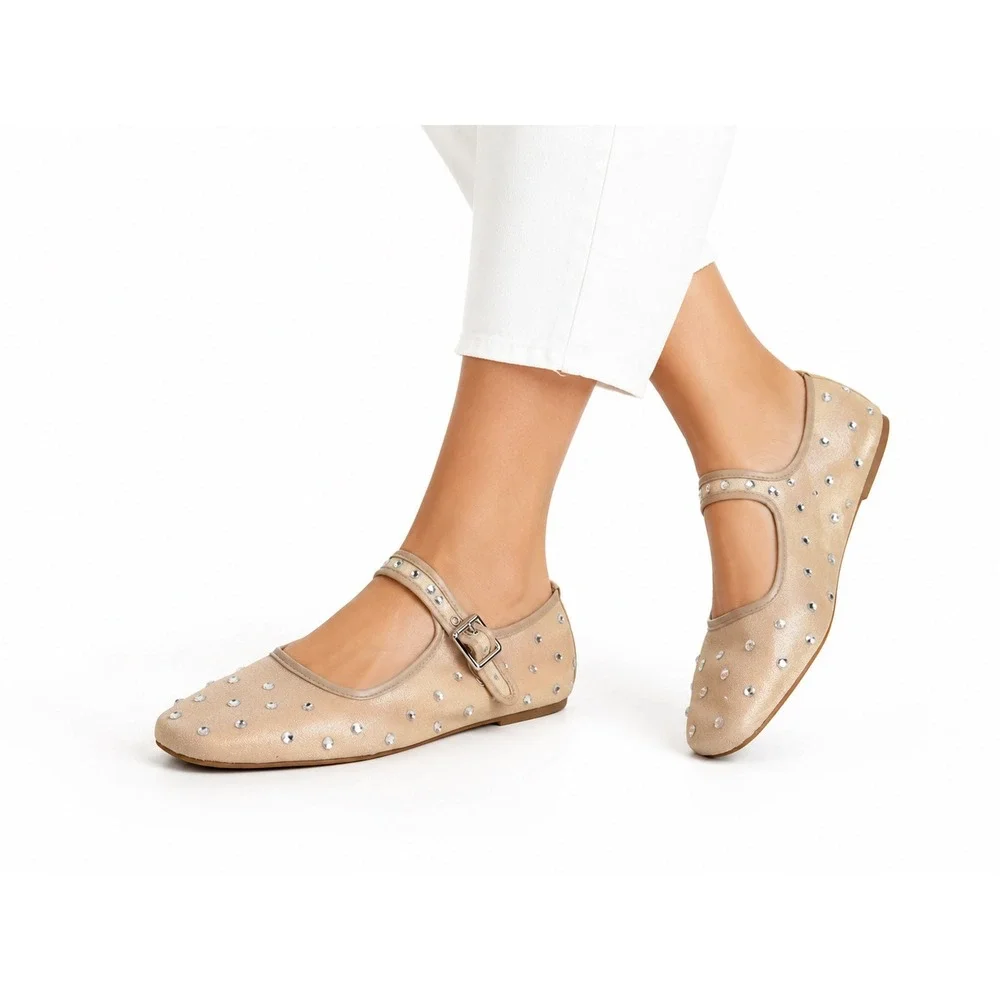 Rhinestone Mary Jane Ballet Flats Beige Square Toe Buckle Shoes Women's Size 10